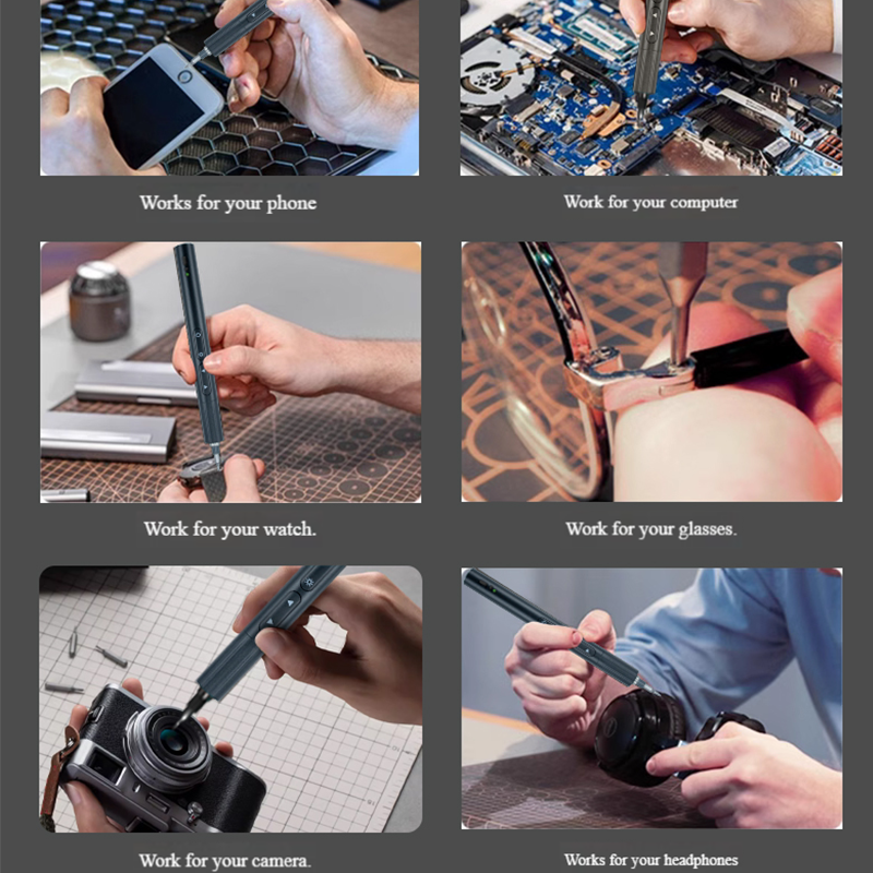 Electric screwdrivers are used to repair mobile phones, toys, cameras, computers, electronic devices, watches, and glasses